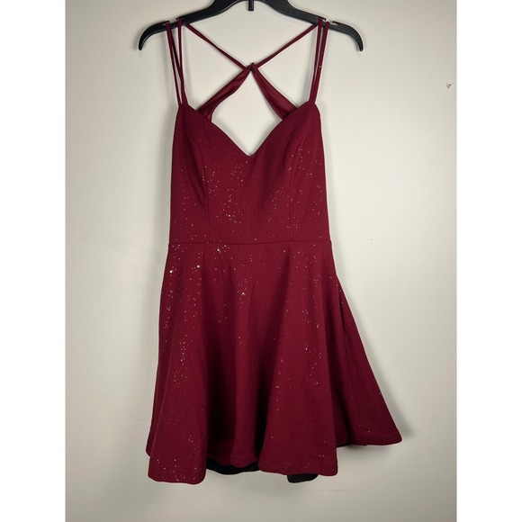 City Studio Wine Gold Glitter Criss Cross Back Fit Flare Dress Junior Size 11 - Picture 2 of 14